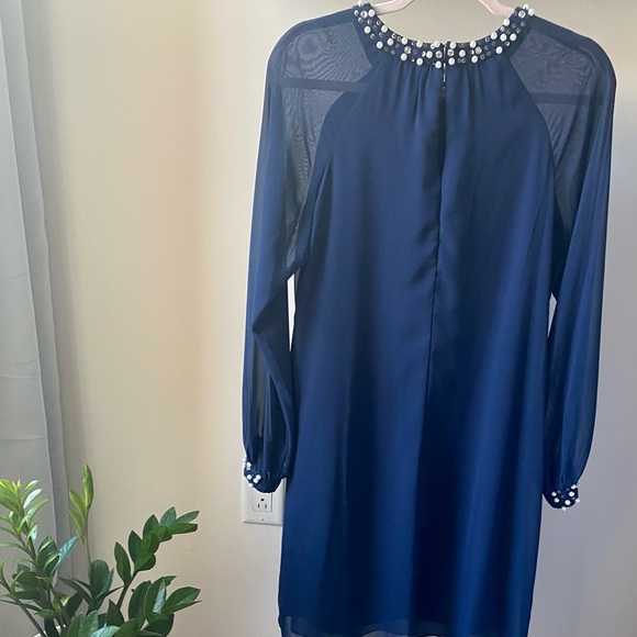 SLNY Navy Blue Long Sleeves Pearls Holiday Dress Size 8 - Picture 3 of 15